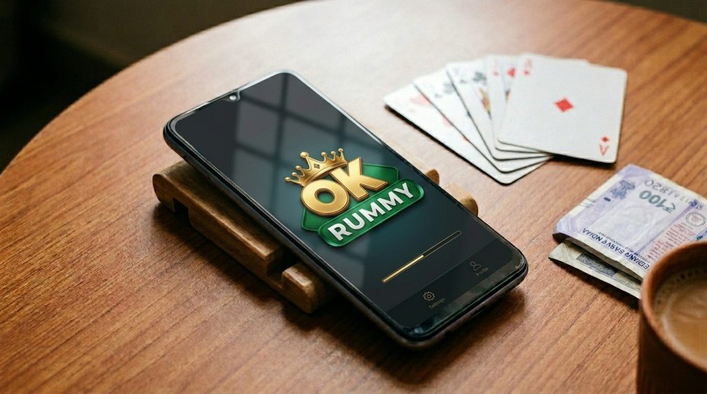 ok rummy apk installing on an android phone resting on a table, ~45mb setup