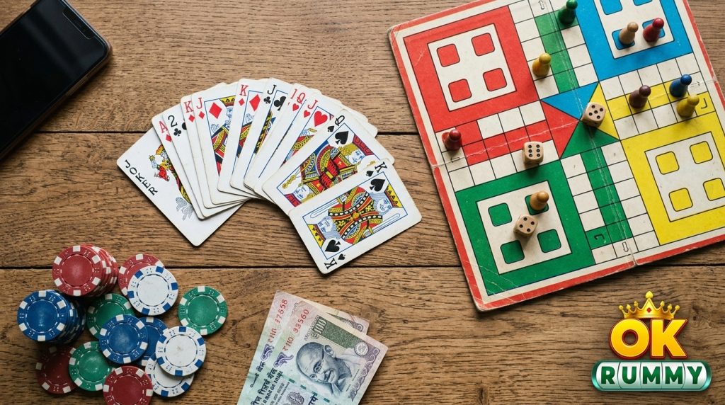 ok rummy game variety — playing cards, a ludo board and dice spread on a table