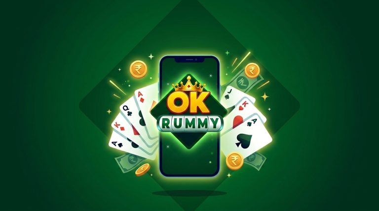 okrummy apk download — smartphone with a download arrow, rummy cards and rupee chips brand key art