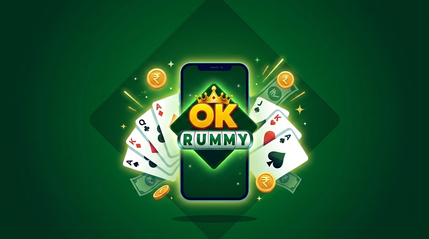 okrummy apk download — smartphone with a download arrow, rummy cards and rupee chips brand key art