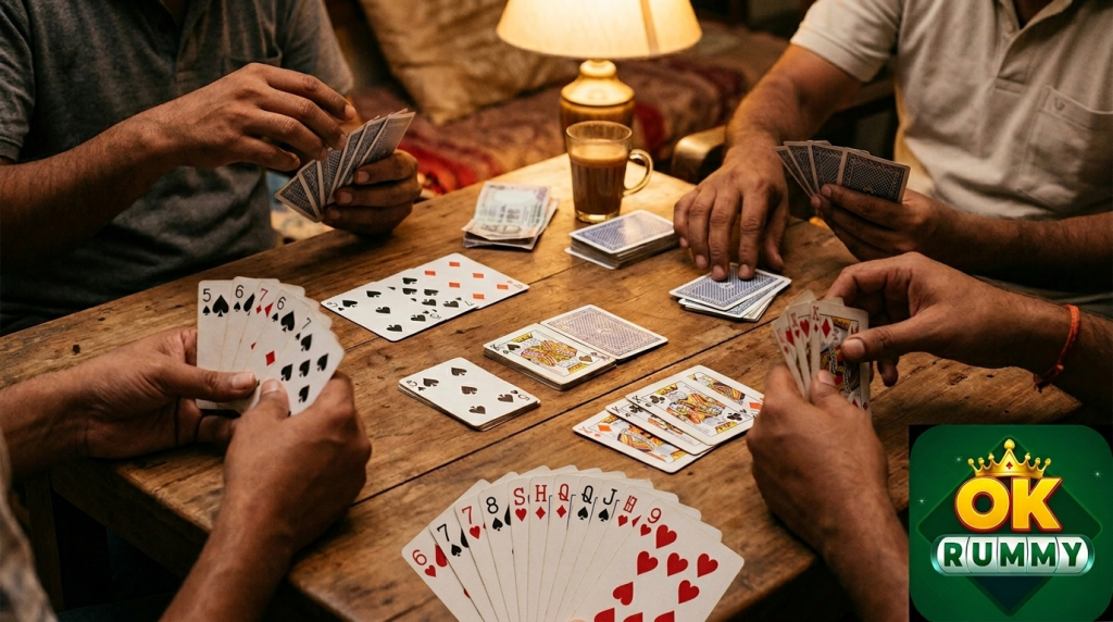 ok rummy rules — Indian players mid-game with cards and melds laid out on the table